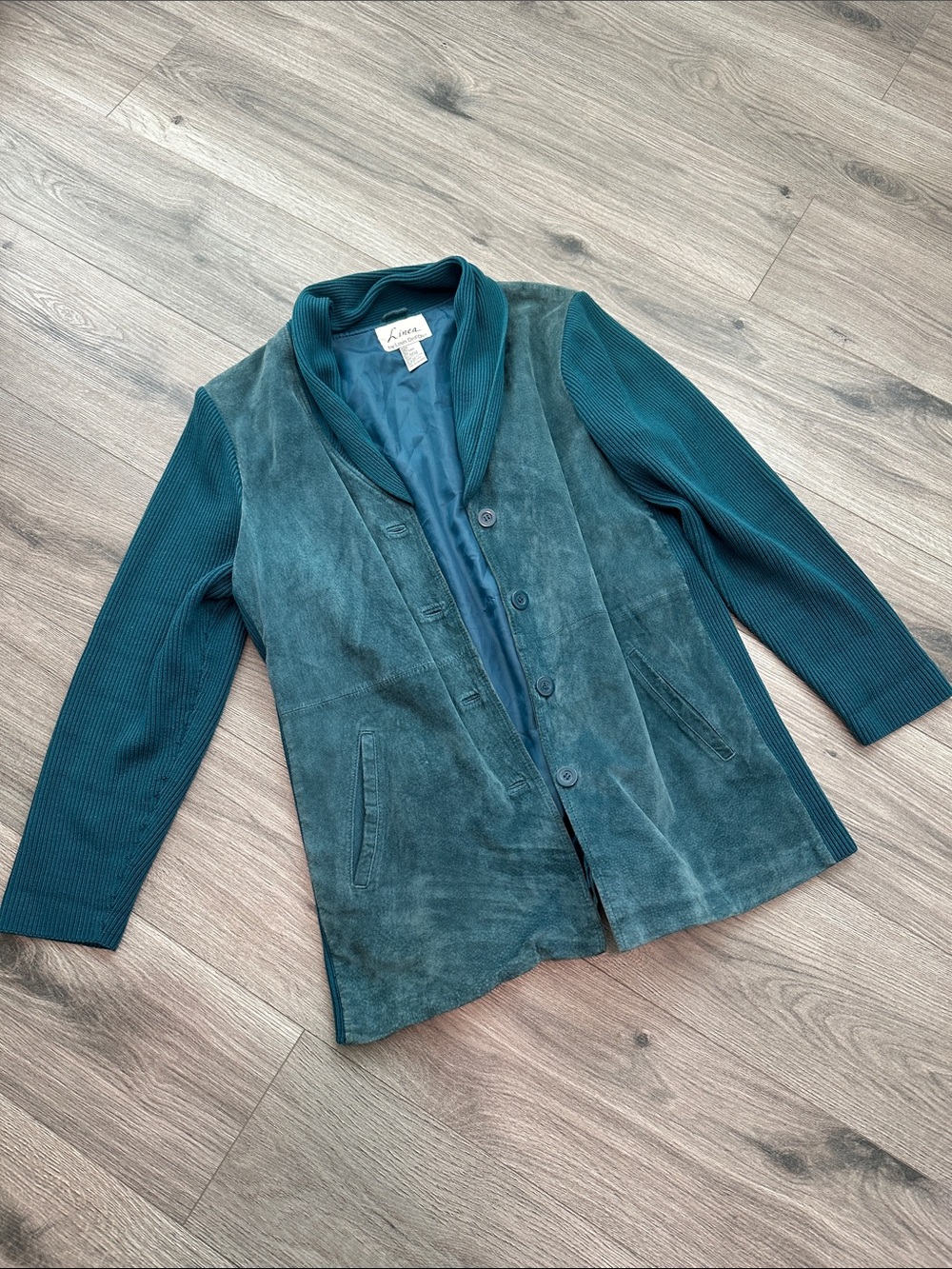 Linea Teal Suede Front Jacket with Knit Sleeves